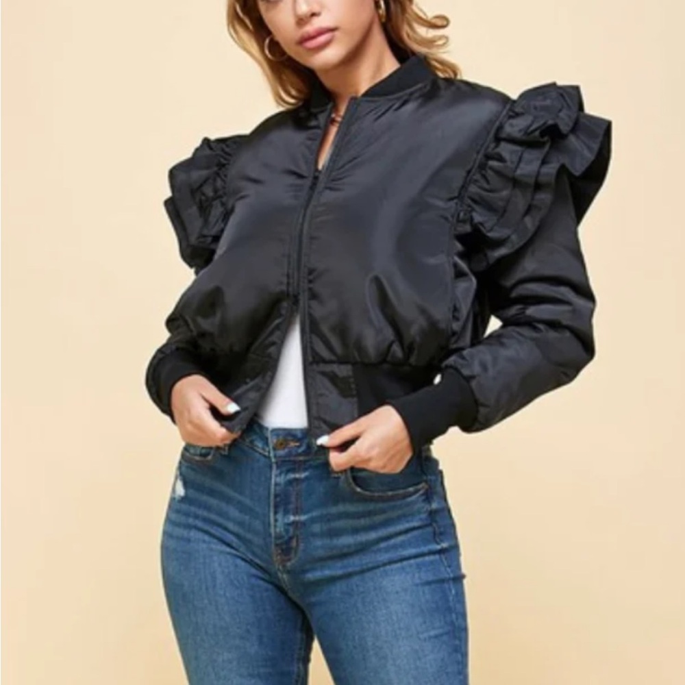 Ike New Navy Ruffle trim bomber jacket